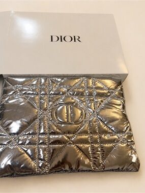 New in box Dior Silver Quilted Zip Makeup Bag Zipper Pouch with CD Logo